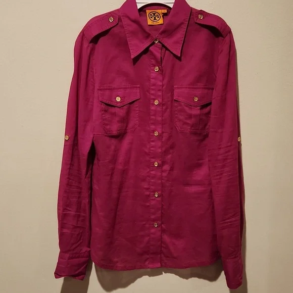 ❤️ TORY BURCH BRIGETTE FITTED BUTTON DOWN COTTON SHIRT / TOP IN MAGENTA, 6 - Picture 3 of 13